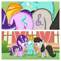 Size: 750x750 | Tagged: safe, edit, edited screencap, screencap, lightning dust, octavia melody, starlight glimmer, earth pony, pegasus, pony, unicorn, g4, female, filly, glimmer glutes, grin, looking at each other, raised hoof, smiling, treblebutt, watermark