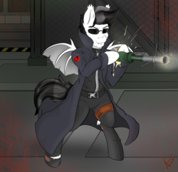 Size: 3259x3152 | Tagged: safe, artist:jacod, oc, oc only, oc:thunder wave, pony, vampony, albert wesker, blood, clothes, high res, resident evil 5, solo, spread wings, sunglasses, trenchcoat, warhead, wings