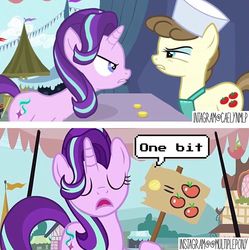 Size: 750x752 | Tagged: safe, edit, edited screencap, screencap, roma, starlight glimmer, earth pony, pony, unicorn, g4, putting your hoof down, applejack's cutie mark, bits, dialogue, eyes closed, food, glare, looking at each other, sign, tomato