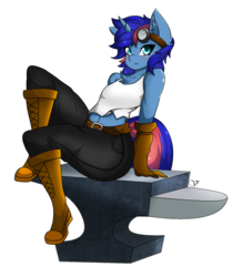 Size: 1300x1548 | Tagged: safe, artist:zzvinniezz, oc, oc only, oc:ryo, unicorn, anthro, anthro oc, anvil, boots, clothes, commission, female, gloves, goggles, mare, pants, shoes, simple background, transparent background