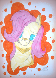 Size: 714x1000 | Tagged: safe, artist:plushie-paillou, fluttershy, pony, g4, bust, female, head tilt, looking at you, markers, portrait, smiling, solo, traditional art