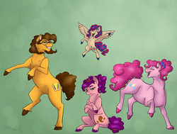 Size: 1604x1212 | Tagged: safe, artist:ganashiashaka, cheese sandwich, pinkie pie, oc, oc:pinni, oc:razzleberry, earth pony, pegasus, pony, g4, family, female, glasses, male, offspring, parent:cheese sandwich, parent:pinkie pie, parents:cheesepie, ship:cheesepie, shipping, straight