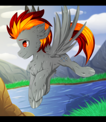 Size: 1914x2200 | Tagged: safe, artist:fkk, oc, oc only, oc:explosivepone, pegasus, pony, cute, cutie mark, flying, male, nature, present, request, solo, stallion