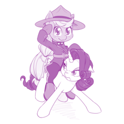 Size: 1000x1000 | Tagged: safe, artist:dstears, applejack, rarity, earth pony, pony, unicorn, g4, applejack riding rarity, canadian, clothes, cute, dudley do-right, duo, female, jackabetes, looking at you, mare, monochrome, mountie, police, ponies riding ponies, rarity is not amused, riding, royal canadian mounted police, salute, smiling, unamused, uniform
