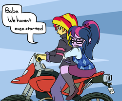 Size: 2400x2000 | Tagged: safe, artist:rawrienstein, sci-twi, sunset shimmer, twilight sparkle, equestria girls, g4, duo, female, high res, hug, lesbian, motorcycle, scared, ship:sci-twishimmer, ship:sunsetsparkle, shipping