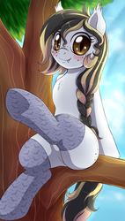 Size: 1073x1895 | Tagged: safe, artist:evomanaphy, oc, oc only, oc:sunflower seed, bat pony, pony, bat pony oc, blushing, butt freckles, clothes, cute, doodle, fangs, female, filly, freckles, happy, kneesocks, looking at you, offspring, parent:oc:evo, parent:oc:metal tune, parents:evune, parents:oc x oc, sitting, sketch, smiling, socks, solo, tree
