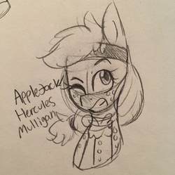 Size: 1280x1274 | Tagged: safe, artist:universe-fairy, applejack, earth pony, pony, g4, crossover, female, grin, hamilton, hercules mulligan, one eye closed, parody, smiling, solo, traditional art, wink