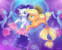 Size: 1760x1419 | Tagged: safe, artist:tcn1205, applejack, rarity, seapony (g4), g4, my little pony: the movie, bubble, dancing, duo, fan, female, heart, hug, hug from behind, lesbian, seaponified, seapony applejack, seapony rarity, ship:rarijack, shipping, species swap, underwater