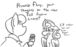 Size: 784x493 | Tagged: safe, artist:jargon scott, princess flurry heart, oc, alicorn, earth pony, pony, g4, adorkable, cute, dialogue, dork, ears back, female, flurrybetes, glasses, hoof hold, interview, mare, monochrome, nerd, nerdy heart, nervous, older, scared, simple background, teenage flurry heart, teenager, white background