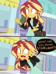 Size: 2048x2732 | Tagged: safe, artist:justsomepainter11, sunset shimmer, comic:starlight gets uncovered, equestria girls, equestria girls specials, g4, mirror magic, clothes, comic, dialogue, high res, implied starlight glimmer, shocked, show accurate