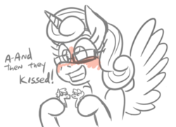 Size: 674x485 | Tagged: safe, artist:jargon scott, princess flurry heart, alicorn, pony, g4, adorkable, blushing, cute, dork, female, flurry the shipper, flurrybetes, glasses, grin, hoof hold, like mother like daughter, like parent like child, mare, monochrome, nerd, nerdy heart, older, shipper on deck, simple background, smiling, solo, spread wings, teenage flurry heart, teenager, white background, wingboner, wings