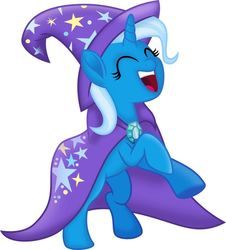 Size: 736x813 | Tagged: safe, trixie, pony, unicorn, g4, my little pony: the movie, cape, clothes, cute, eyes closed, female, hat, hoofy-kicks, mare, open mouth, rearing, simple background, smiling, solo, trixie's cape, trixie's hat, white background