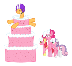 Size: 1880x1736 | Tagged: safe, artist:calibykitty, apple bloom, pinkie pie, scootaloo, sweetie belle, earth pony, pegasus, pony, unicorn, g4, cake, covered in cake, covered in food, cutie mark crusaders, eyes closed, female, filly, food, frosting, helmet, mare, messy, pony cannonball, requested art