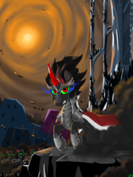 Size: 1536x2048 | Tagged: safe, artist:qzygugu, king sombra, pony, unicorn, g4, armor, army, cape, clothes, crystal empire, looking at you, male, stallion
