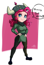 Size: 513x750 | Tagged: safe, artist:the-park, pinkie pie, human, not asking for trouble, abstract background, chibi, colored pupils, cute, dialogue, diapinkes, female, hand on hip, helmet, honorary yak horns, horned helmet, humanized, simple background, solo, speech bubble, standing, viking helmet
