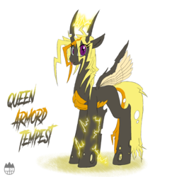 Size: 1400x1400 | Tagged: safe, artist:sanyo2100, oc, oc only, oc:armord tempest, changeling, changeling queen, changeling oc, changeling queen oc, electric changeling, female, lighting, looking at you, simple background, solo, tongue out, transparent background, yellow changeling