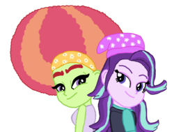 Size: 1029x776 | Tagged: safe, artist:ktd1993, starlight glimmer, tree hugger, equestria girls, g4, afro, beanie, clothes, equestria girls-ified, female, hat, lesbian, shipping, starhugger