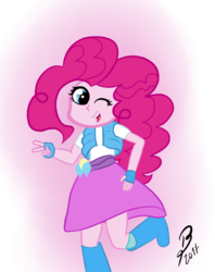 Size: 950x1200 | Tagged: safe, artist:brayant9, pinkie pie, equestria girls, g4, boots, clothes, female, one eye closed, shoes, skirt, solo, wink