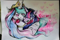 Size: 1024x691 | Tagged: safe, artist:black-opal1, princess celestia, twilight sparkle, pony, g4, female, flower, hug, lesbian, rose, ship:twilestia, shipping, snuggling, traditional art, winghug