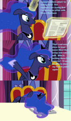 Size: 1280x2161 | Tagged: safe, edit, edited screencap, screencap, princess luna, alicorn, pony, a royal problem, g4, canterlot castle, female, gossip, horrified, lies and libel!, lies and slander!, misspelling, newspaper, solo