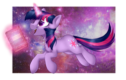 Size: 1519x975 | Tagged: dead source, safe, artist:tortya, twilight sparkle, pony, unicorn, g4, book, chest fluff, cute, female, magic, mare, solo, space, twiabetes, unicorn twilight