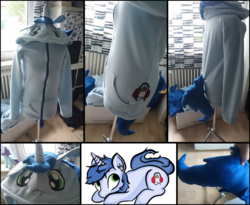 Size: 1584x1300 | Tagged: safe, artist:kleinespika, oc, oc only, oc:positivity, pony, unicorn, clothes, commission, cosplay, costume, hoodie, irl, merchandise, photo, selfmade
