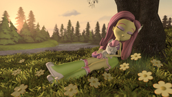 Size: 2000x1125 | Tagged: safe, artist:yanpictures, fluttershy, sweetie belle, pony, unicorn, equestria girls, g4, 3d, boots, clothes, cute, eyes closed, forest, resting, river, scenery, shoes, skirt, socks, source filmmaker, tank top, tree