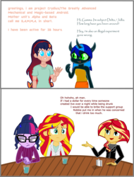 Size: 893x1172 | Tagged: safe, artist:robbedhondt, sci-twi, sunset shimmer, twilight sparkle, oc, oc:delta, oc:gamma, oc:jullia, changeling, hybrid, equestria girls, g4, alcohol, alternate character interpretation, changeling hybrid, changeling oc, clothes, comic, crossover, cute, dialogue, fanfic, fanfic art, female, frown, grin, lesbian, lidded eyes, looking at each other, magical lesbian spawn, no pupils, offspring, open mouth, parent:sci-twi, parent:sunset shimmer, parents:scitwishimmer, scientific lesbian spawn, self paradox, ship:sci-twishimmer, ship:sunsetsparkle, shipping, simple background, sitting, smiling, smirk, sweat, sweatdrop, sweater, table, text, water, waving, white background