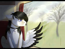 Size: 1600x1200 | Tagged: safe, artist:maria-fly, oc, oc only, oc:lamika, pony, freckles, sad, solo, train, wings