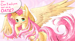 Size: 2000x1110 | Tagged: safe, artist:phoenixperegrine, fluttershy, pegasus, pony, g4, blushing, bronybait, butt, cute, dialogue, ear fluff, female, looking at you, mare, open mouth, plot, shyabetes, smiling, solo, sparkles, speech bubble, spread wings, wings