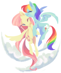Size: 1870x2244 | Tagged: safe, artist:bedupolker, fluttershy, rainbow dash, pegasus, pony, g4, cloud, duo, eyes closed, female, flying, holding hooves, kissing, lesbian, lineless, one eye closed, ship:flutterdash, shipping, spread wings, wings