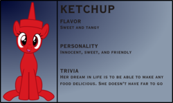Size: 3876x2329 | Tagged: safe, artist:badumsquish, derpibooru exclusive, oc, oc only, condiment pony, food pony, original species, pony, bio, female, food, gradient background, grin, happy, high res, ketchup, looking at you, open mouth, ponified, sauce, sitting, smiling, solo