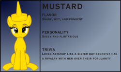 Size: 3876x2329 | Tagged: safe, artist:badumsquish, derpibooru exclusive, oc, oc only, condiment pony, food pony, original species, pony, bedroom eyes, bio, female, flirting, food, gradient background, high res, looking at you, mustard, ponified, sauce, sitting, smiling, solo