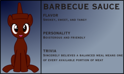Size: 3876x2329 | Tagged: safe, artist:badumsquish, derpibooru exclusive, oc, oc only, condiment pony, food pony, original species, pony, barbecue sauce, bio, female, food, gradient background, grin, happy, high res, looking at you, open mouth, ponified, sitting, smiling, solo