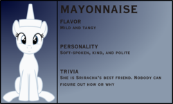 Size: 3876x2329 | Tagged: safe, artist:badumsquish, derpibooru exclusive, oc, oc only, condiment pony, food pony, original species, pony, bio, female, food, gradient background, high res, looking at you, mayonnaise, ponified, sauce, sitting, smiling, solo