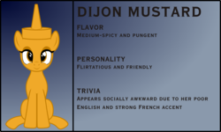 Size: 3876x2329 | Tagged: safe, artist:badumsquish, derpibooru exclusive, oc, oc only, condiment pony, food pony, original species, pony, bedroom eyes, bio, dijon mustard, female, food, gradient background, high res, looking at you, mustard, ponified, sauce, sitting, smiling, solo