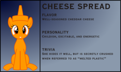 Size: 3876x2329 | Tagged: safe, artist:badumsquish, derpibooru exclusive, oc, oc only, condiment pony, food pony, original species, pony, :d, bio, cheese, cheese spread, female, food, gradient background, grin, high res, looking at you, ponified, sitting, smiling, solo