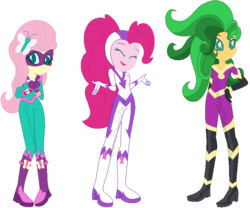 Size: 754x626 | Tagged: safe, artist:bezziie, fili-second, fluttershy, mane-iac, pinkie pie, saddle rager, sunset shimmer, equestria girls, equestria girls specials, g4, movie magic, base used, clothes, costume, power ponies, simple background, transparent background, trio, wig