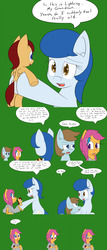 Size: 2400x5600 | Tagged: safe, artist:jake heritagu, chip mint, rain catcher, scootaloo, oc, oc:clearwater, oc:lightning blitz, pegasus, pony, comic:ask motherly scootaloo, g4, baby, baby pony, colt, comic, crying, dialogue, female, grandmother and grandchild, green background, hairpin, holding a pony, male, mother and son, motherly scootaloo, offspring, older, older scootaloo, parent:rain catcher, parent:scootaloo, parents:catcherloo, simple background, speech bubble, sweatshirt
