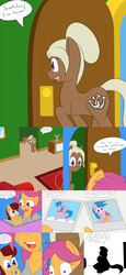 Size: 2400x5200 | Tagged: safe, artist:jake heritagu, scootaloo, oc, oc:lightning blitz, oc:sandy hooves, earth pony, pegasus, pony, comic:ask motherly scootaloo, g4, baby, baby pony, bust, colt, comic, couch, crying, dialogue, donut, female, food, hairpin, holding a pony, hug, male, mare, mother and son, motherly scootaloo, offspring, older, older scootaloo, parent:rain catcher, parent:scootaloo, parents:catcherloo, photo, photo album, portrait, speech bubble, sweatshirt, television