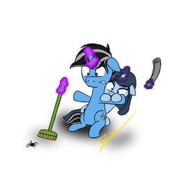 Size: 894x894 | Tagged: safe, artist:zatgeneral, oc, oc:blue pill, oc:silver lining, pony, spider, unicorn, arachnophobia, broom, chibi, cute, fear, magic, newspaper