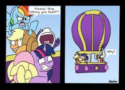 Size: 2449x1749 | Tagged: safe, artist:bobthedalek, applejack, fluttershy, pinkie pie, rainbow dash, rarity, twilight sparkle, alicorn, earth pony, pegasus, pony, unicorn, not asking for trouble, comic, dialogue, female, grammar error, helmet, honorary yak horns, horned helmet, hot air balloon, mane six, mare, oblivious, scared, this will not end well, viking helmet