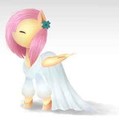 Size: 886x910 | Tagged: safe, artist:1human1, fluttershy, pony, g4, alternate hairstyle, clothes, dress, eyes closed, female, folded wings, profile, solo, standing, white dress