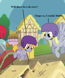 Size: 597x720 | Tagged: safe, edit, edited screencap, editor:korora, screencap, crackle pop, derpy hooves, snips, g4, the cart before the ponies, cropped, dialogue, helmet, text, wreckage