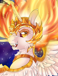 Size: 2834x3685 | Tagged: safe, artist:schokocream, daybreaker, alicorn, pony, a royal problem, g4, fangs, female, helmet, high res, mare, open mouth, smiling, solo