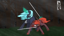 Size: 1920x1080 | Tagged: safe, artist:life of a little blue horse, oc, oc only, oc:oblivia, oc:tipsey, pony, forest, monster, night, shadows, sword, weapon