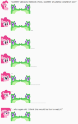 Size: 558x883 | Tagged: safe, artist:dziadek1990, gummy, pinkie pie, g4, anticlimactic, cave, cave pool, clone, conversation, dialogue, disappointed, emote story, emotes, mirror pool, reddit, slice of life, staring contest, text, unamused