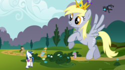 Size: 769x433 | Tagged: safe, artist:kingbilly97, derpy hooves, doctor whooves, shining armor, snails, snips, spike, time turner, changeling, dragon, pony, g4, giant derpy hooves, giant pegasus, giant pony, macro, queen derpy