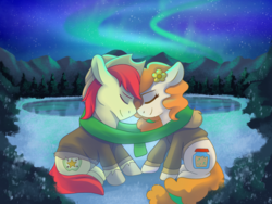 Size: 1024x768 | Tagged: safe, artist:sacredroses-art, bright mac, pear butter, earth pony, pony, g4, the perfect pear, aurora borealis, clothes, coat, commission, cowboy hat, duo, eyes closed, female, hat, male, mare, scarf, shared clothing, shared scarf, ship:brightbutter, stallion, stetson, straight, unshorn fetlocks