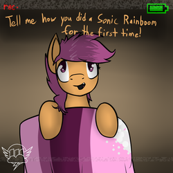 Size: 750x750 | Tagged: safe, artist:conmanwolf, scootaloo, pegasus, pony, ask factory scootaloo, fanfic:rainbow factory, g4, battery, comic, factory scootaloo, recording